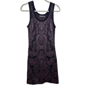 Peruvian Connection Sleeveless Sweater Dress Alpaca & Silk Black Purple Print XS